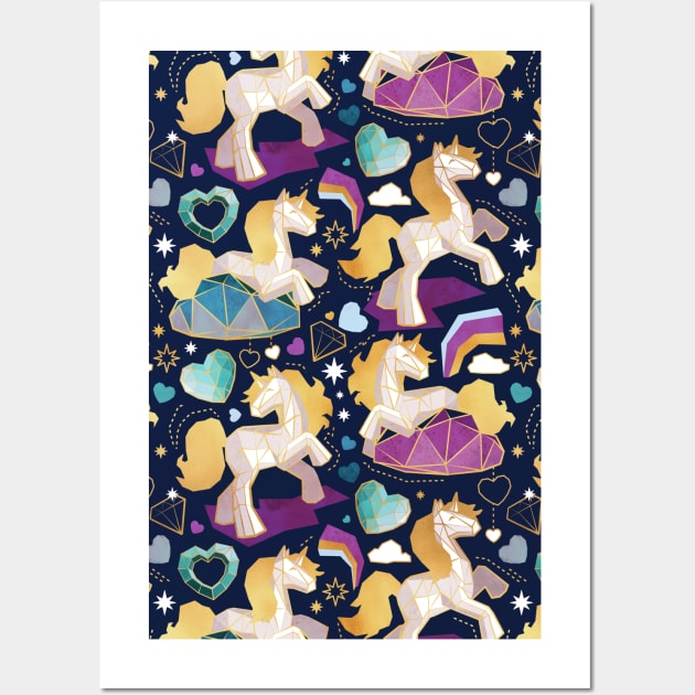 Kicking off some magic // pattern // navy blue background white and grey unicorns violet blue and aqua hearts clouds and rainbows golden lines Wall Art by SelmaCardoso